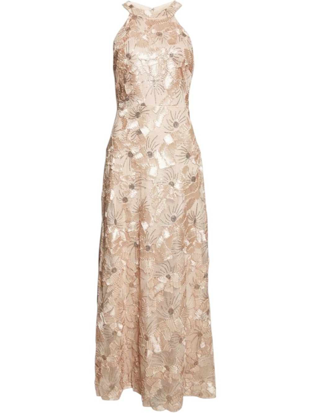 BETSY & ADAM Sequin Floral Sleeveless Gown Halter Neck Champagne Size 4